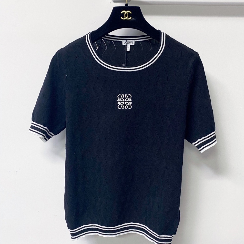 Loewe Black Knit Short-Sleeve Top with White Trim and Anagram